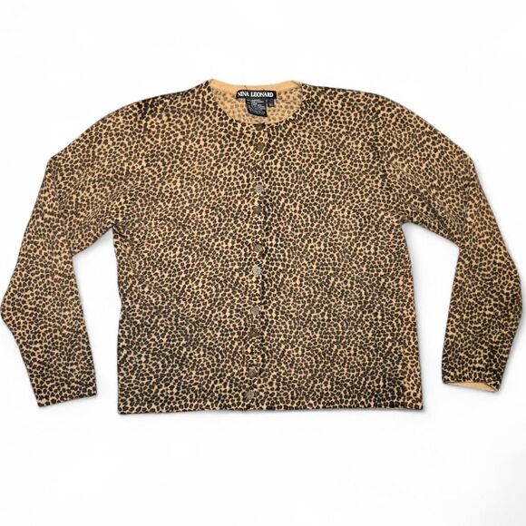 Nina Leonard Women’s XL Leopard Print Cardigan Sweater Lambswool Angora Blend Vi - Picture 1 of 5
